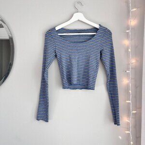 brandy melville blue and grey striped long sleeve crop top
